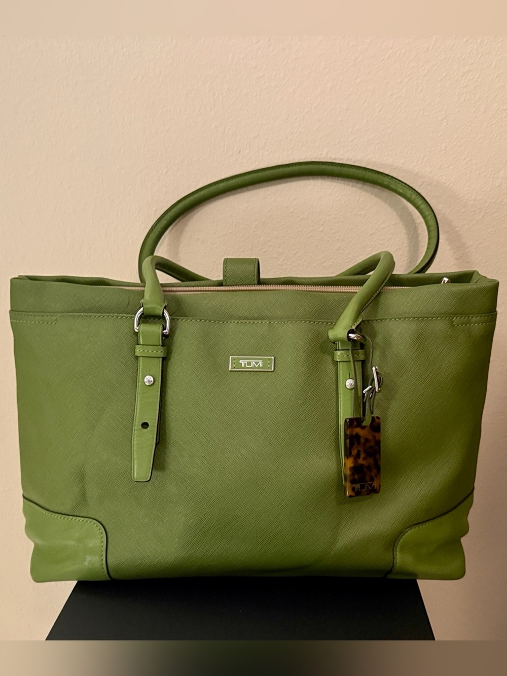Tumi Green Tote with Tortoiseshell Tag, lots of pockets and laptop holder - Picture 1 of 13